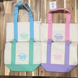 Trader Joe's Canvas Mini Tote Bag Set of 4 - Blue, Pink, Green and Purple